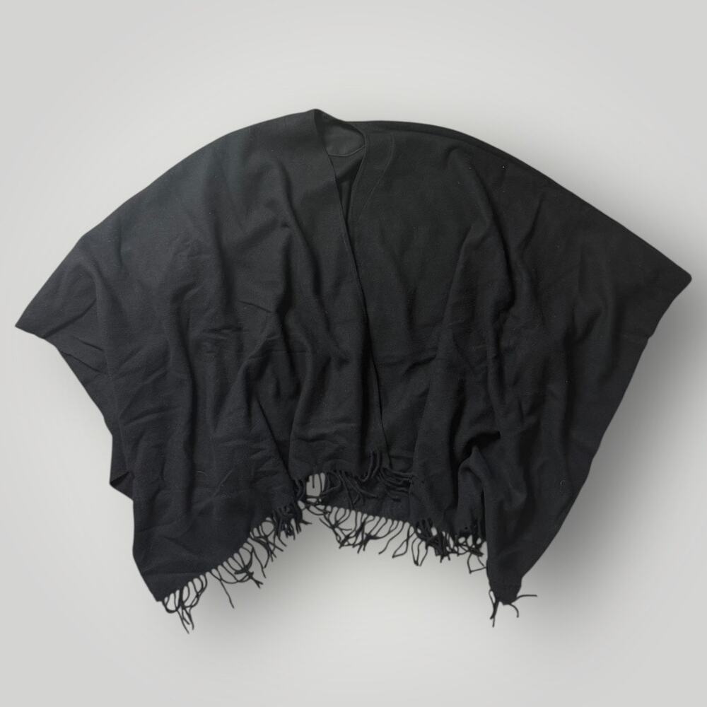 Black Lambswool Poncho Cape Wrap Fringe Made in Italy One Size Soft Wool Shawl